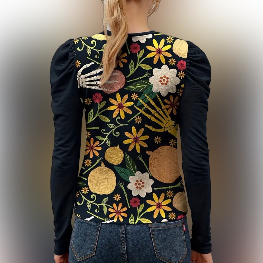 🌺Halloween | Spring Long Sleeve Crew Neck T-Shirt, Puff Sleeve Top🌸🌺 - Picture 2 of 11